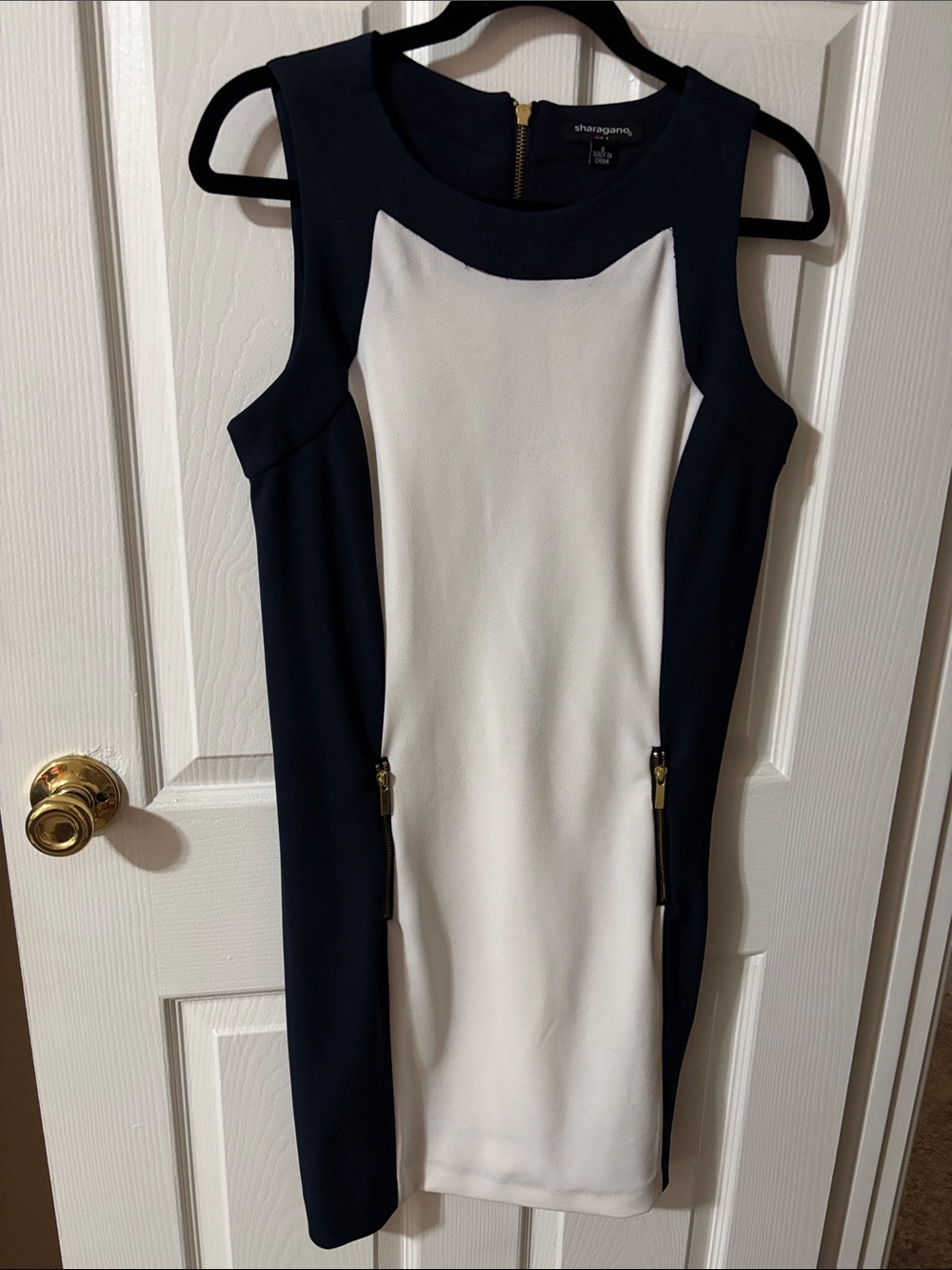 Sharagano Navy and White Colorblock Midi Sheath Dress